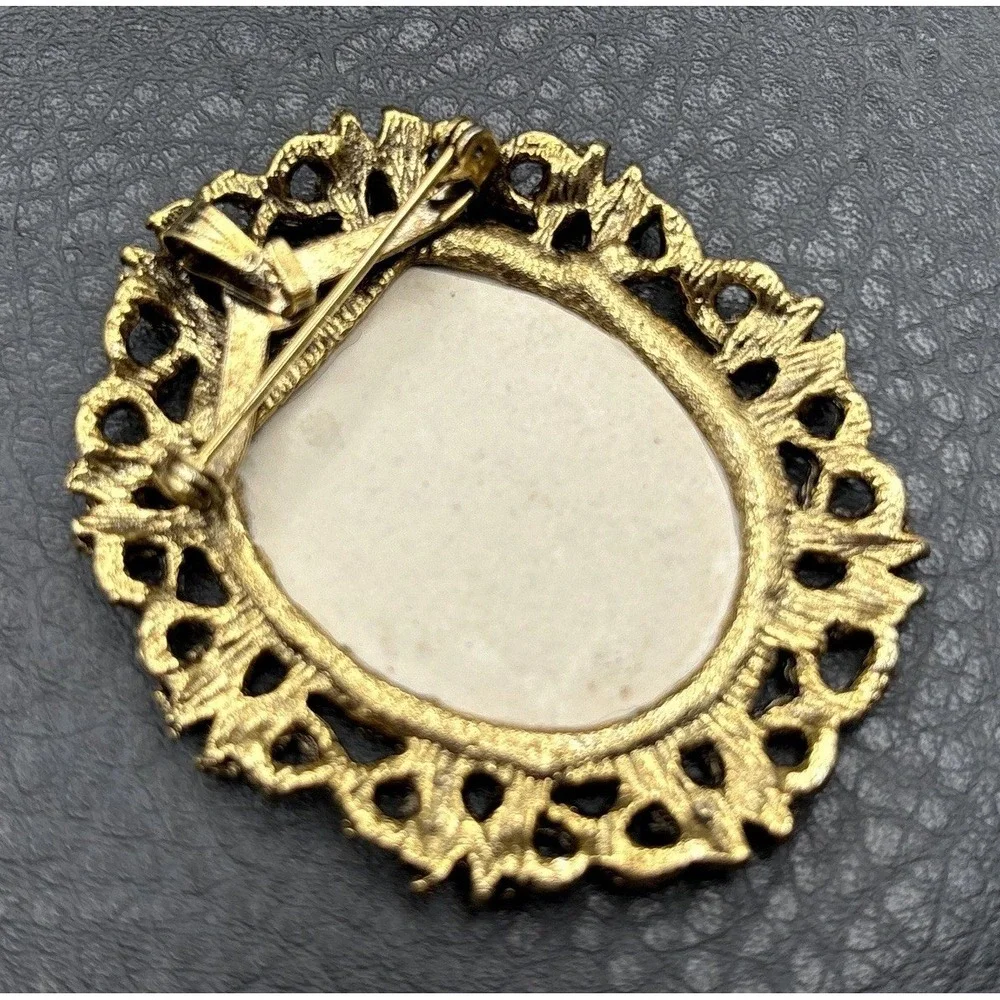 Vintage Ornate Landscape Painting Cameo Victorian Revival Brooch Gold Tone